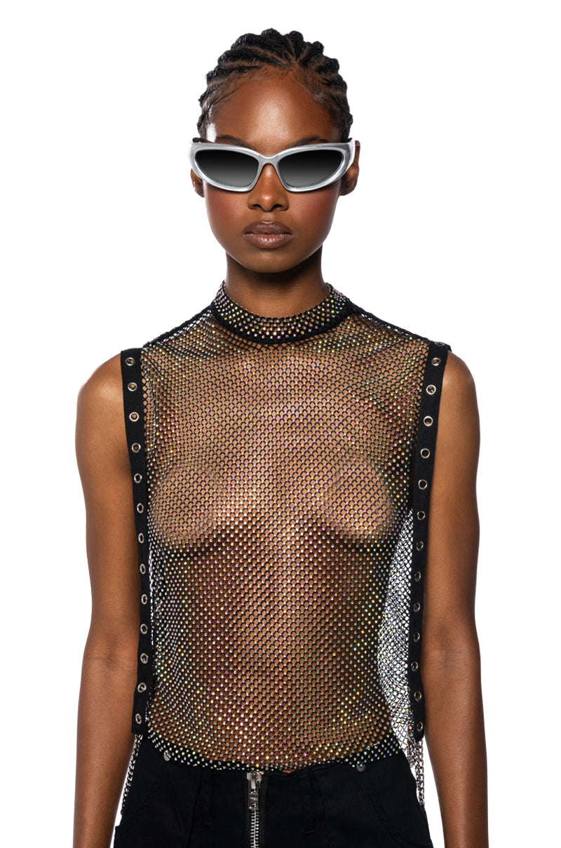 TEARS IN THE CLUB OPEN SIDES MOCK NECK RHINESTONE MESH BLOUSE