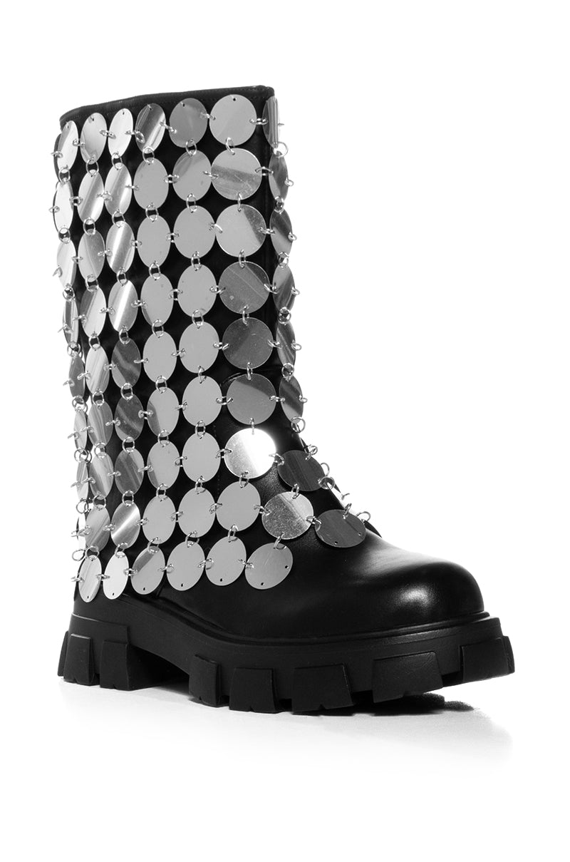 AZALEA WANG QUINNIE SILVER DISC EMBELLISHED BOOT IN BLACK