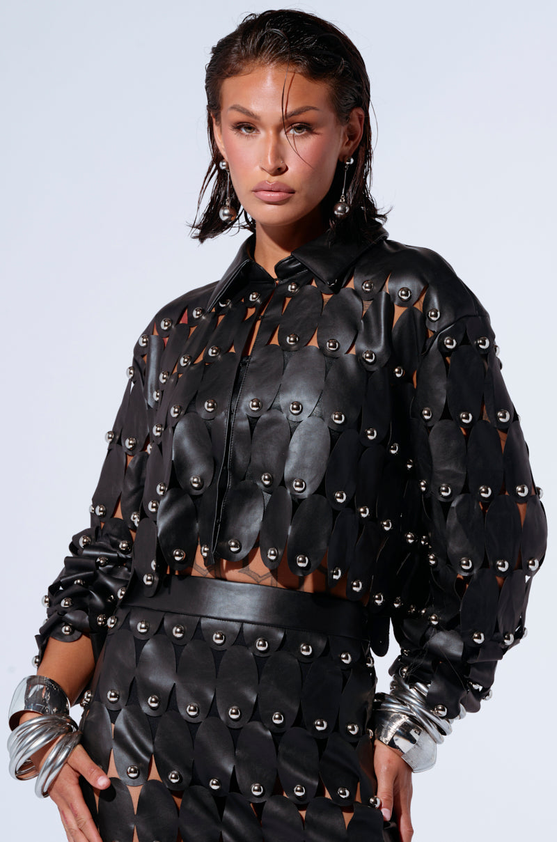 THE SNEAK PEEK STUDDED PU BLOUSE IN BLACK