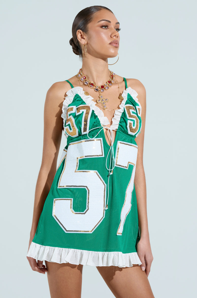 TOUCHDOWN SEQUIN JERSEY DRESS IN GREEN