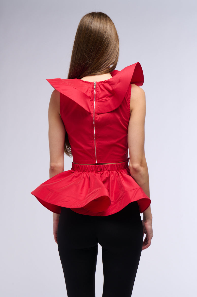 MISS FASHIONISTA SLEEVELESS RUFFLE PEPLUM BLOUSE IN RED