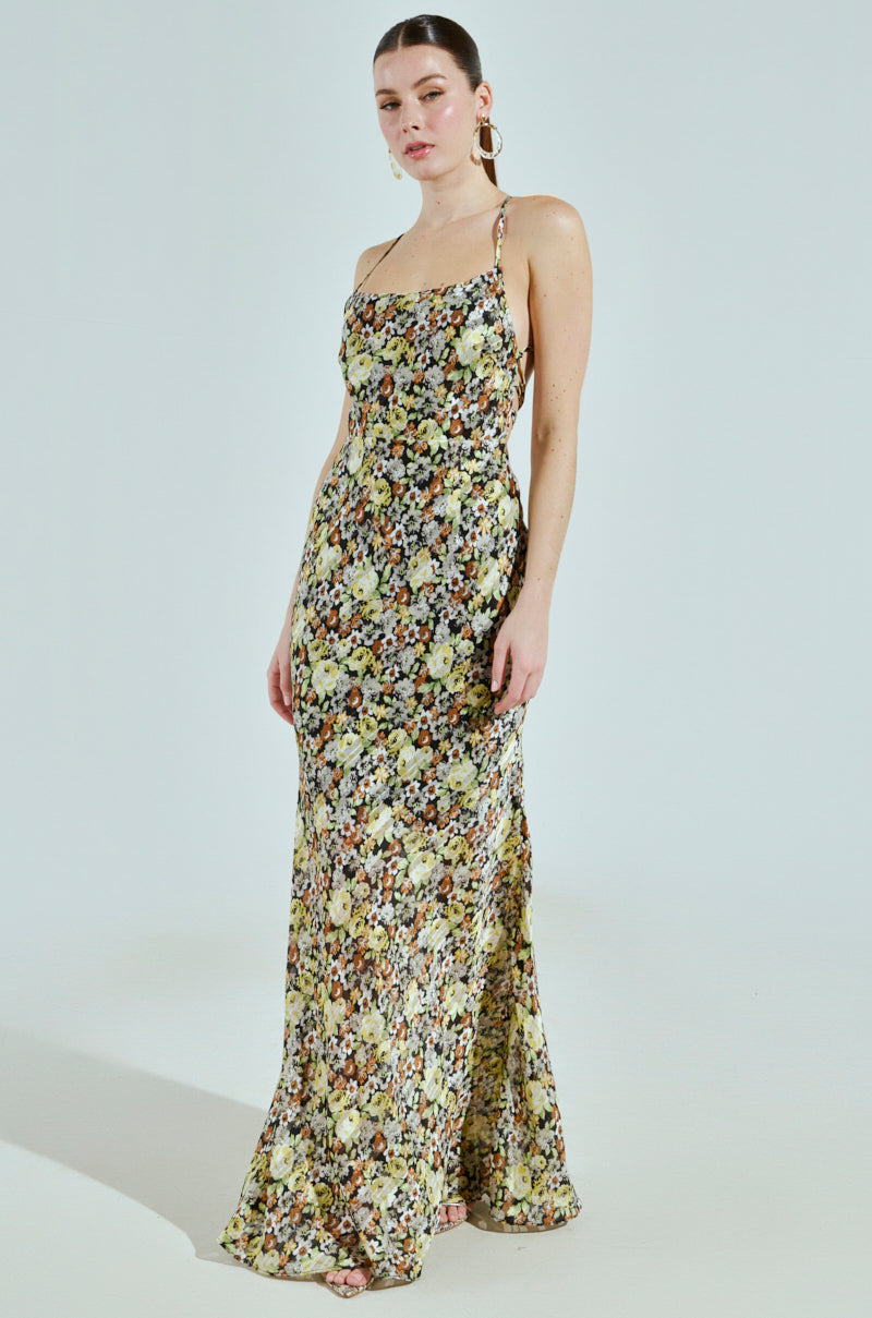 ZANIYA FLORAL SATIN MAXI DRESS