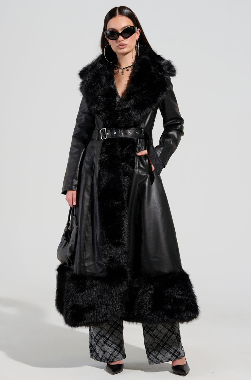 VIVAN LONG PU TRENCH WITH FAUX FUR TRIM