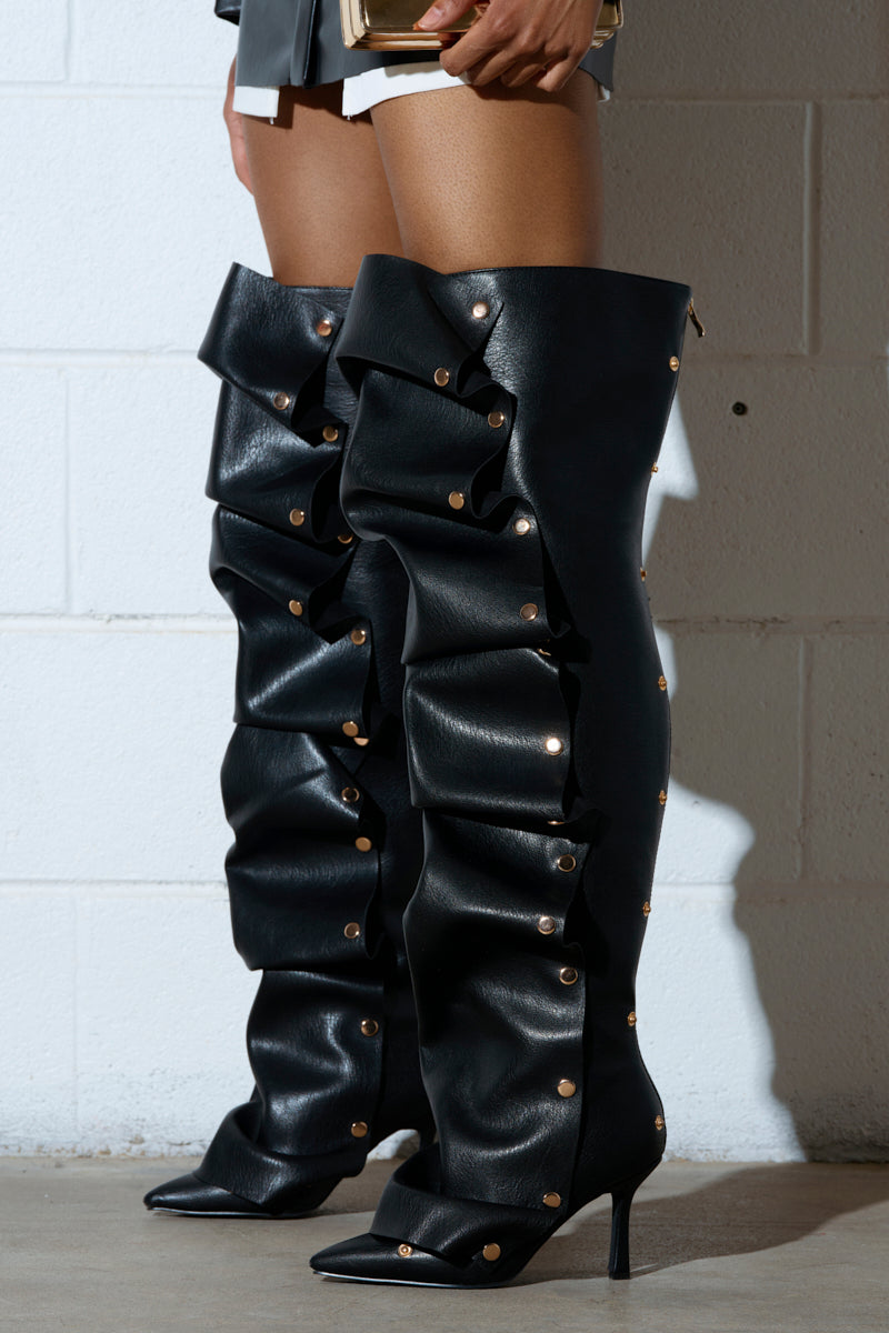 AZALEA WANG SWELCIE BLACK PU GOLD HARDWARE STILETTO BOOT