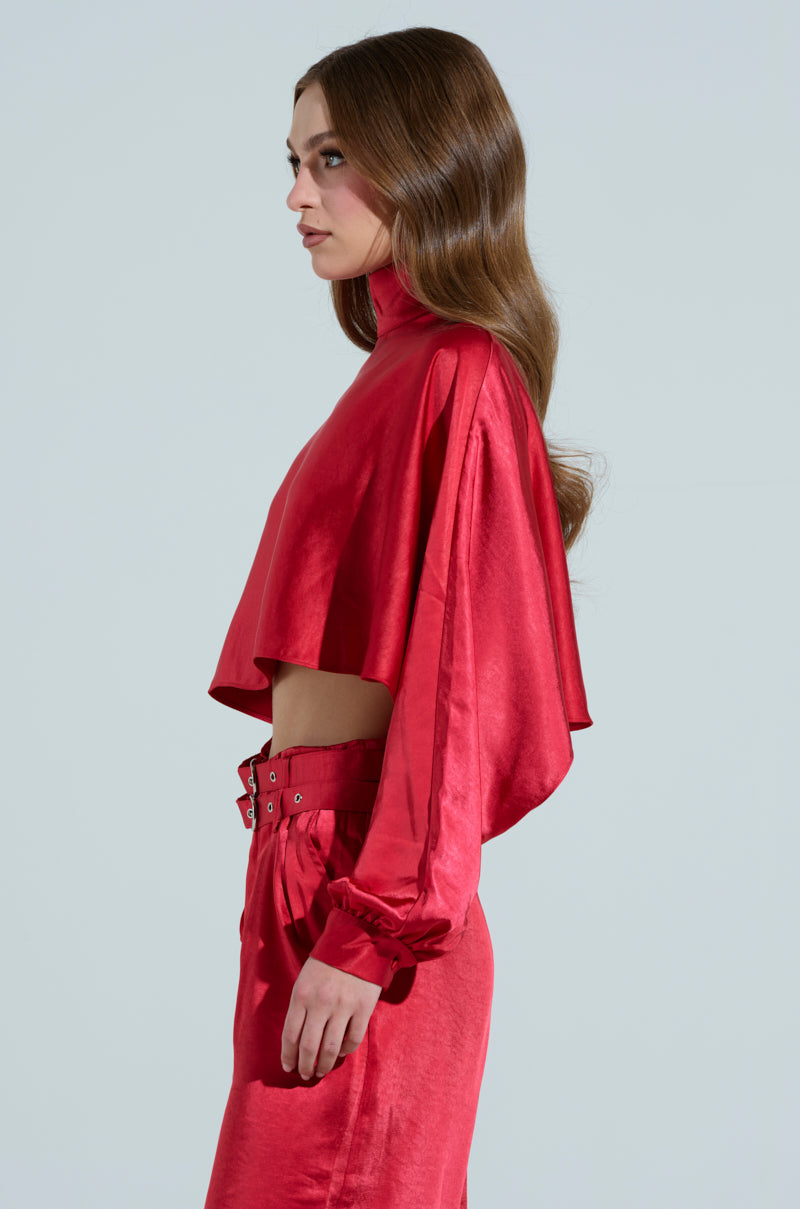 FEELIN' THE LOVE SATIN MOCK NECK BLOUSE IN RED