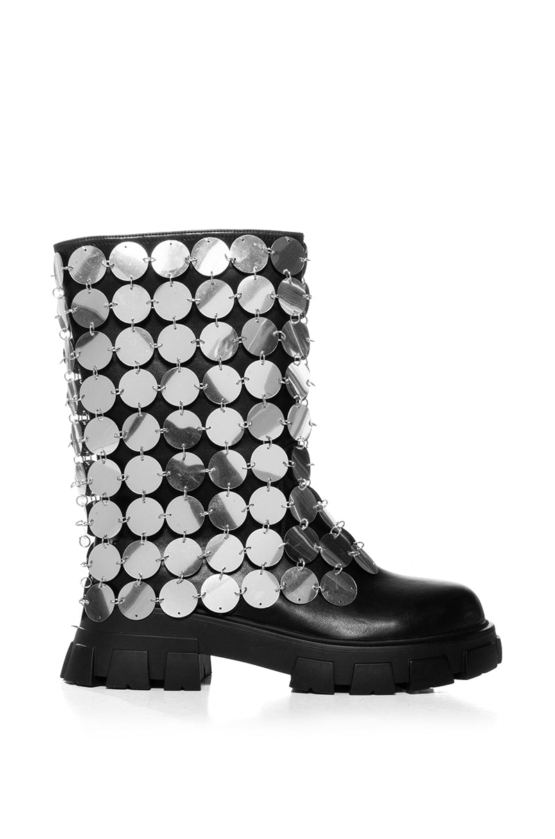 AZALEA WANG QUINNIE SILVER DISC EMBELLISHED BOOT IN BLACK