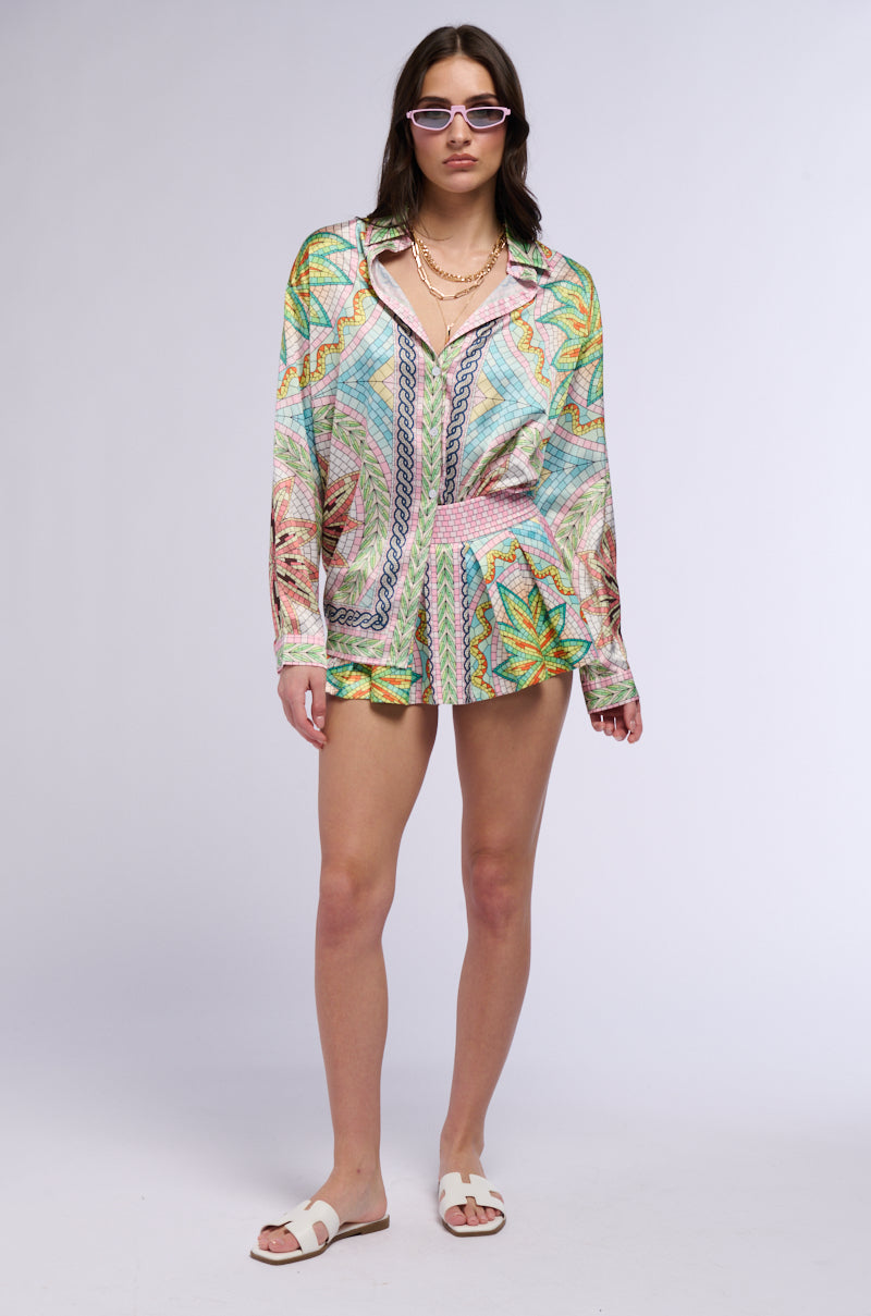 YACHT LIFE PRINTED SATIN BUTTON DOWN SHIRT