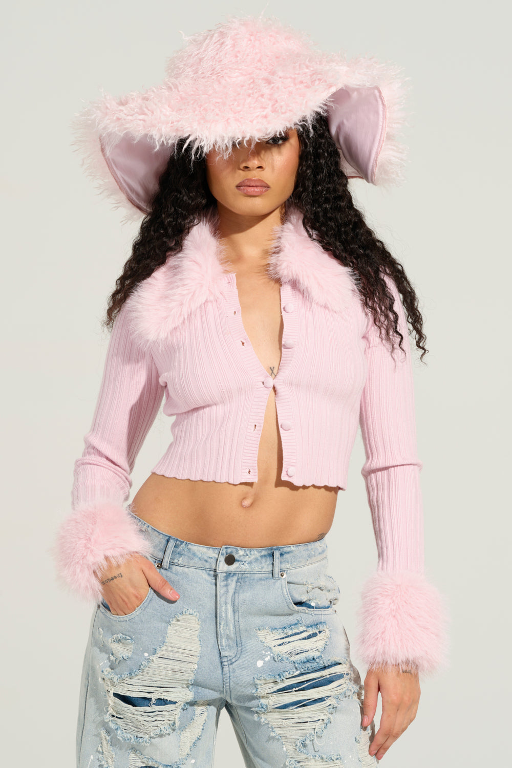 ANGEL EYES FUR TRIM CARDIGAN IN PINK