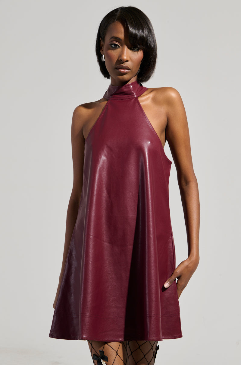 TAKE IT EASY PU MINI DRESS IN BURGUNDY