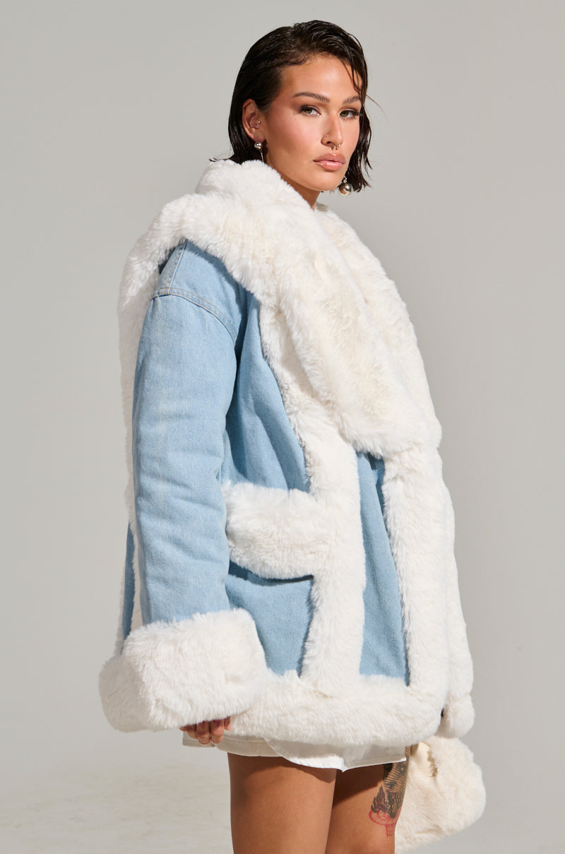 SITTING PRETTY FUR TRIM DENIM COAT