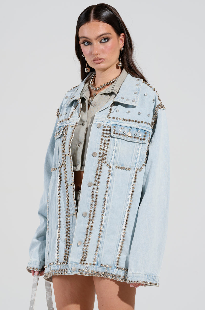 GAME TIME EMBELLISHED LONGLINE DENIM JACKET