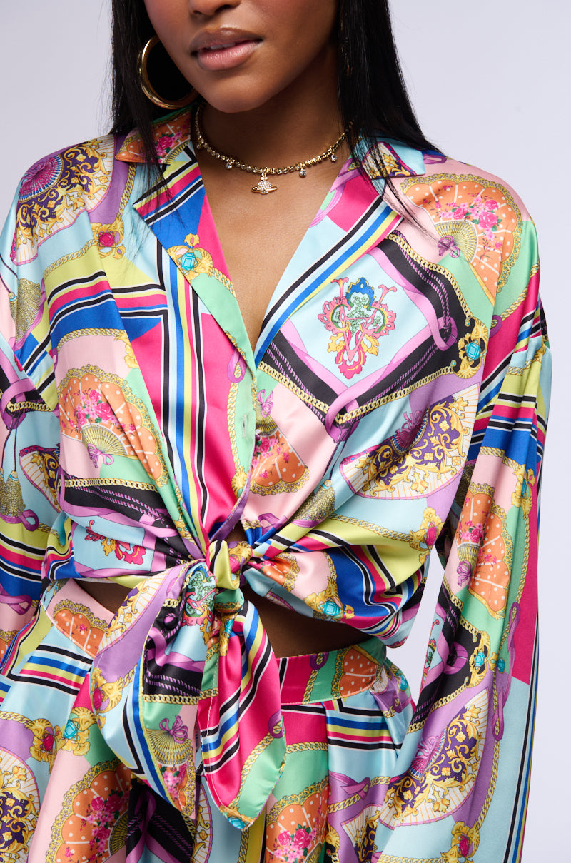 KENNA SCARF PRINT SATIN BUTTON DOWN BLOUSE