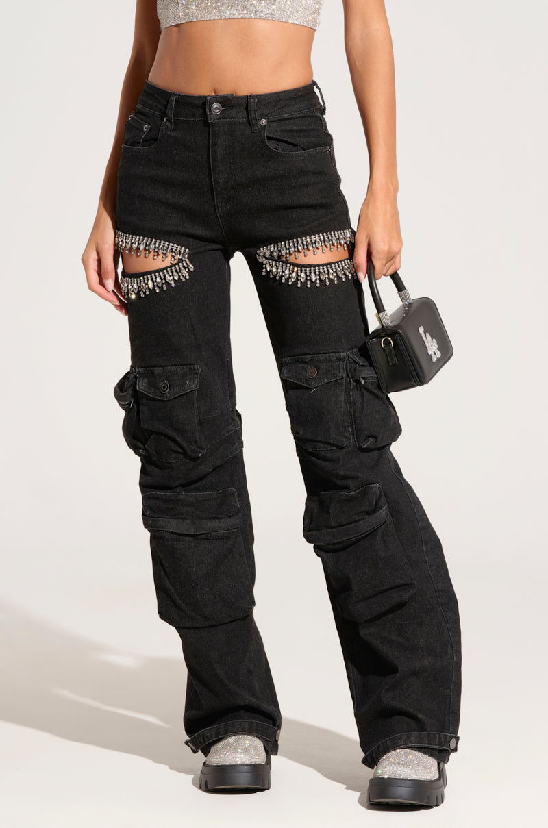 CALLING THE SHOTS CARGO DENIM WITH RHINESTONES IN BLACK