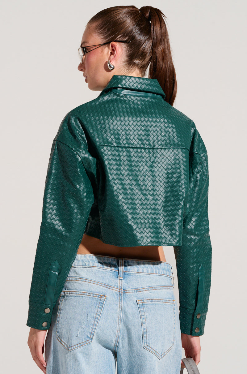 LUXURY GIRL WOVEN PU CROPPED SHIRT IN GREEN