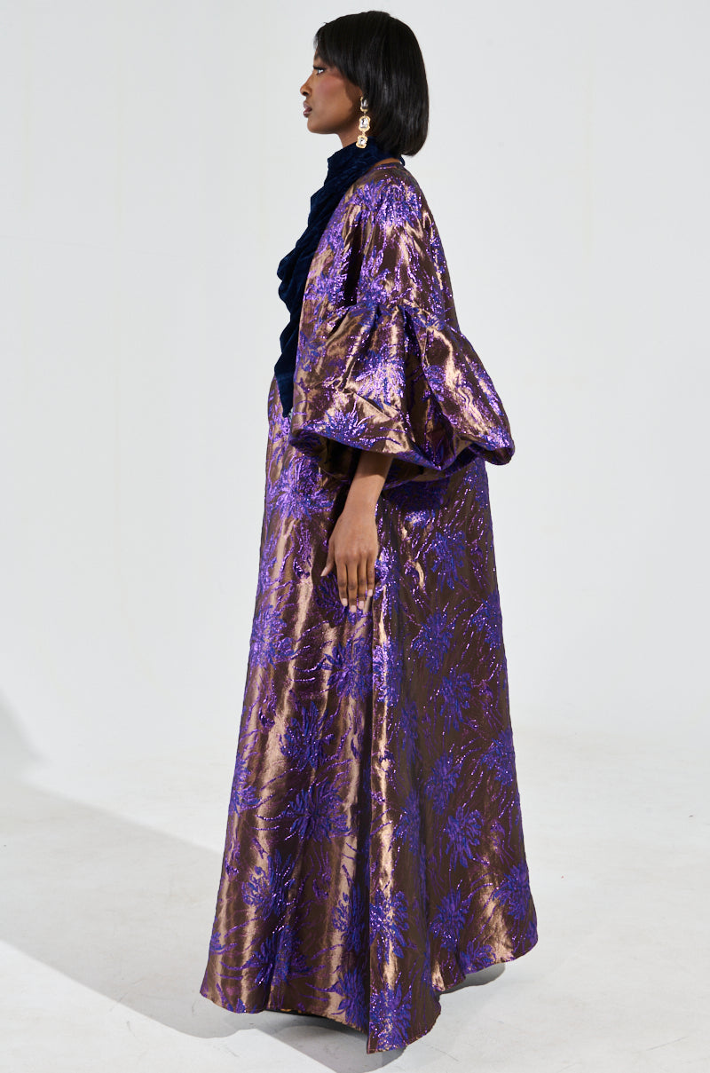 MALDIVES BROCADE PUFF SLEEVE DUSTER IN PURPLE