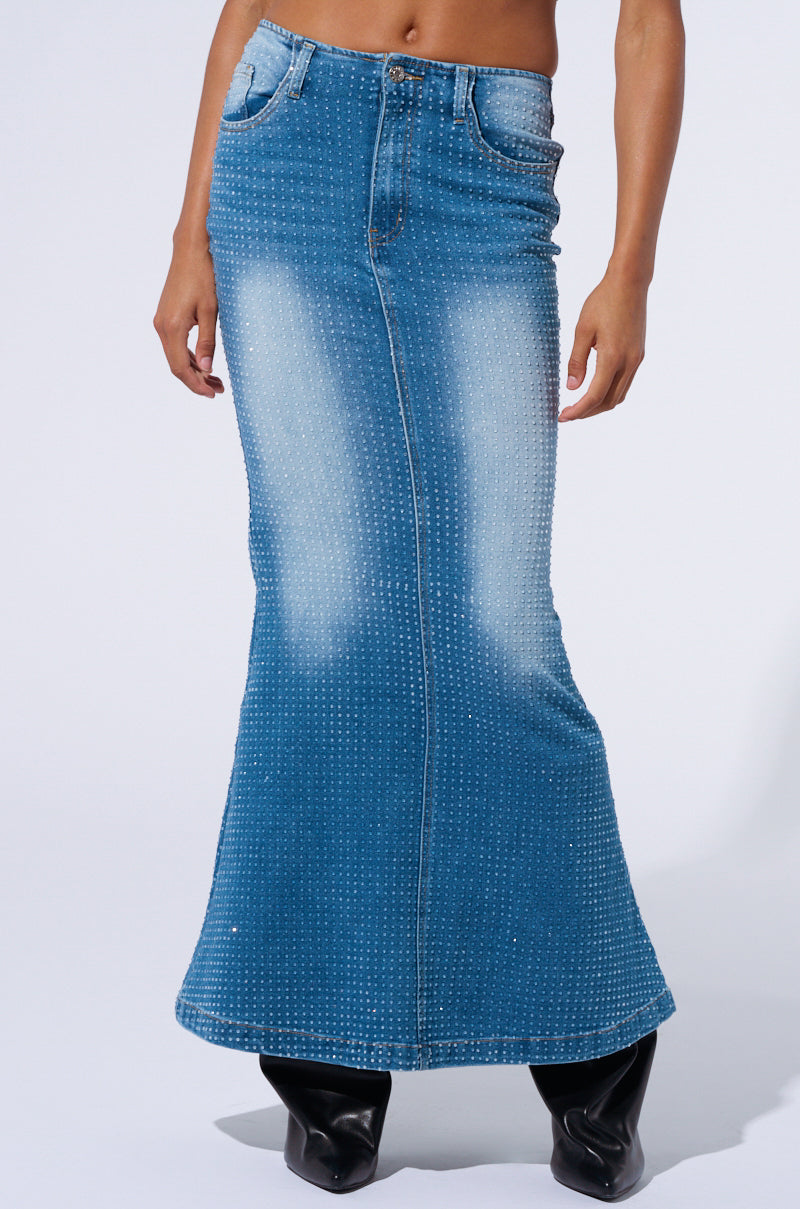 RICH GIRL ENERGY EMBELLISHED DENIM MAXI SKIRT