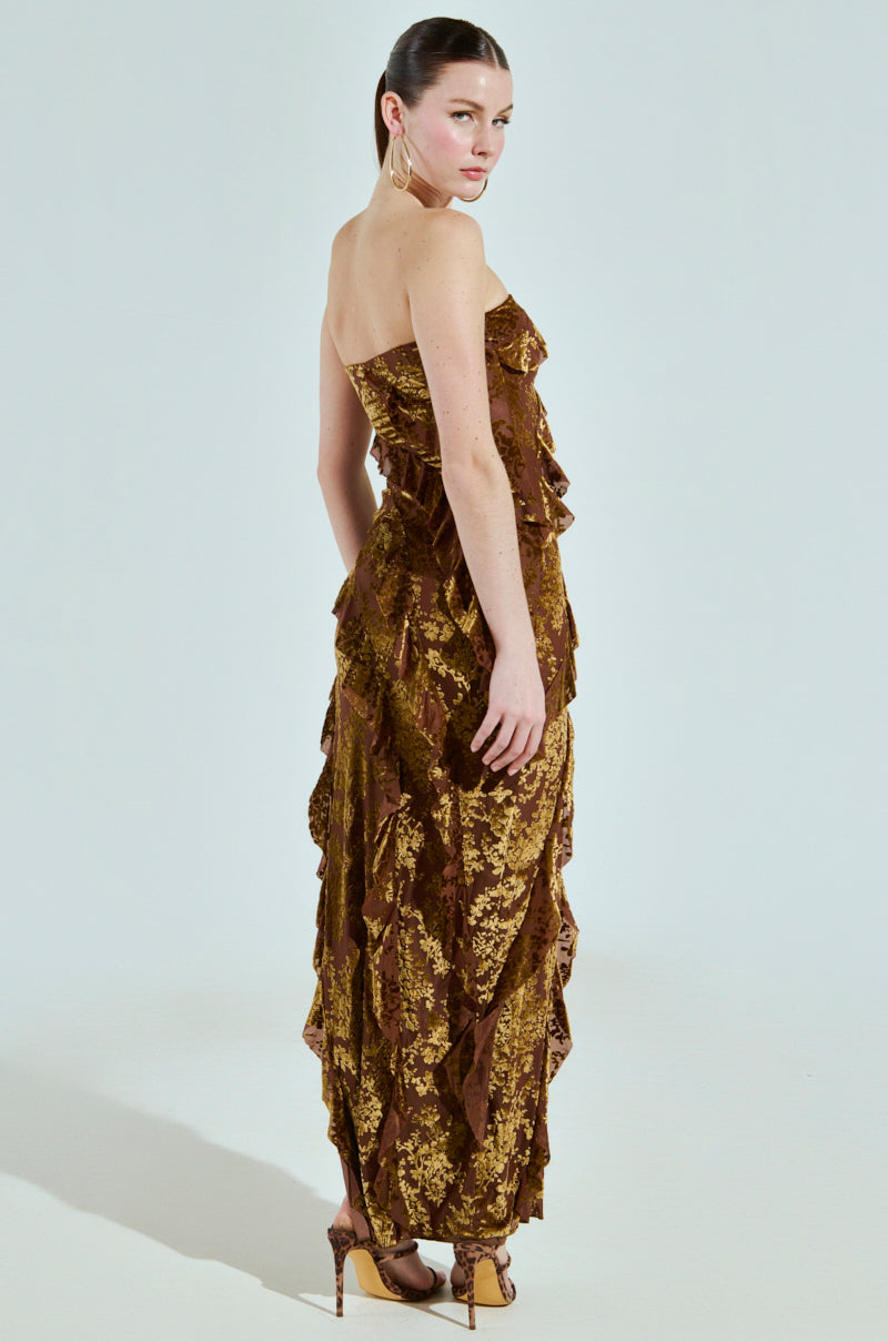 CYRUS VELVET MAXI DRESS IN BROWN