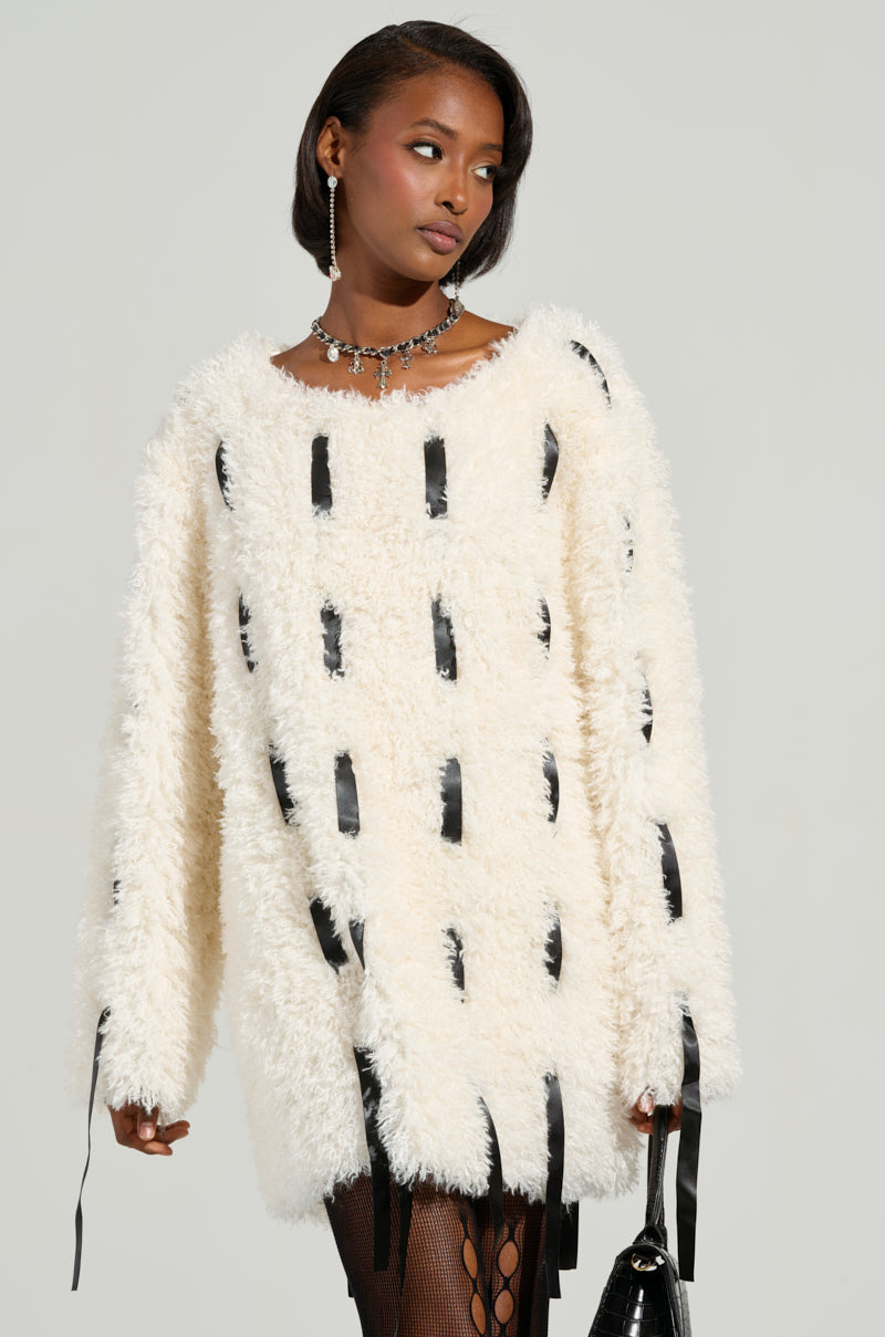 SULLY WOVEN RIBBON FAUX FUR MINI DRESS