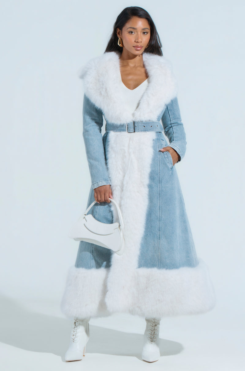 VIVIAN FUR TRIM COAT IN DENIM