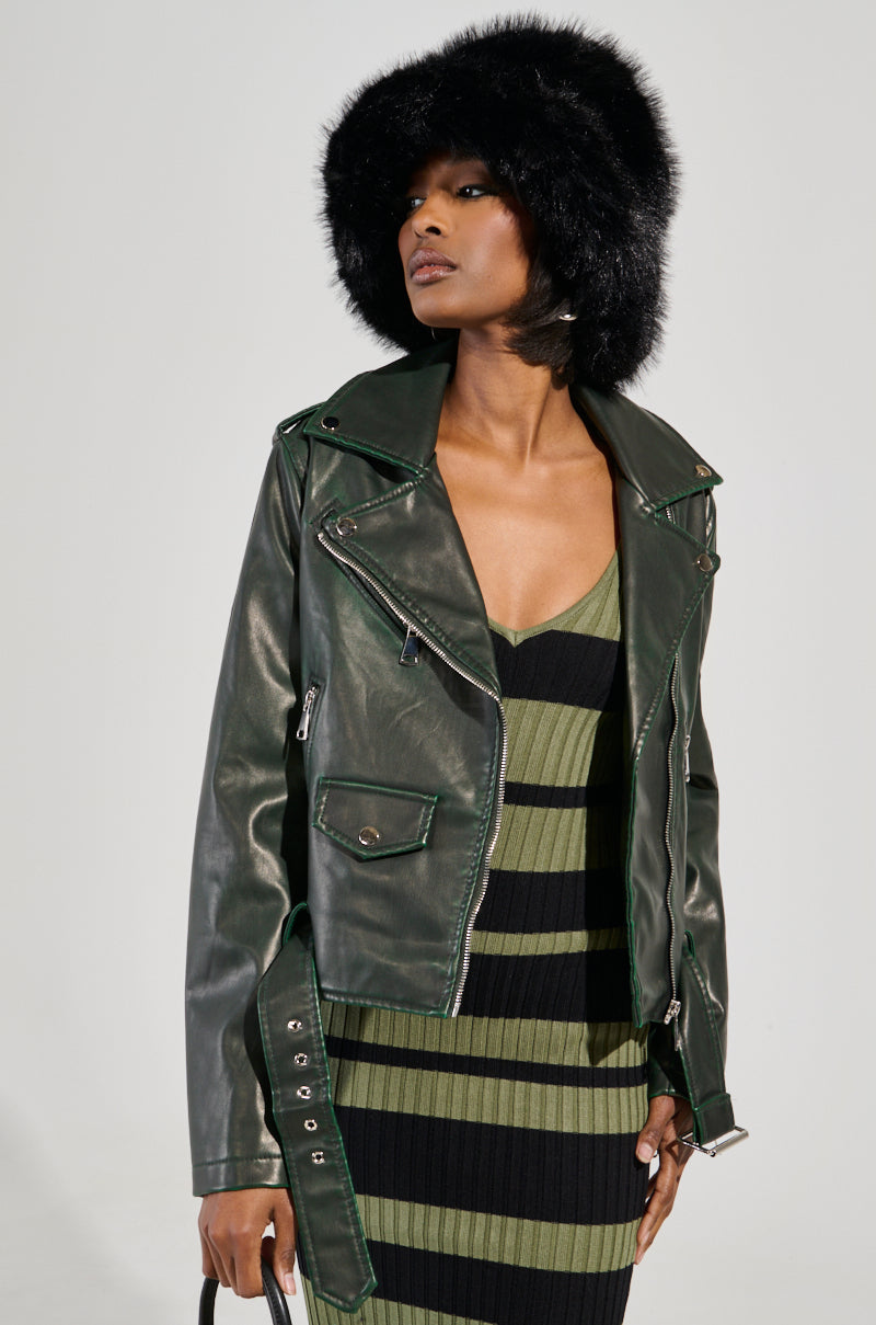 LOOKING FOR TROUBLE DISTRESSED MOTO IN GREEN