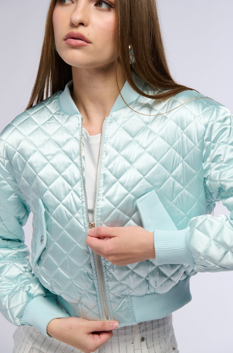 NEVER BETTER QUILTED SATIN BOMBER IN MINT