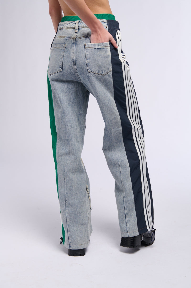 ALL AROUND THE WORLD PATCHWORK DENIM JOGGER PANT IN GREEN MULTI