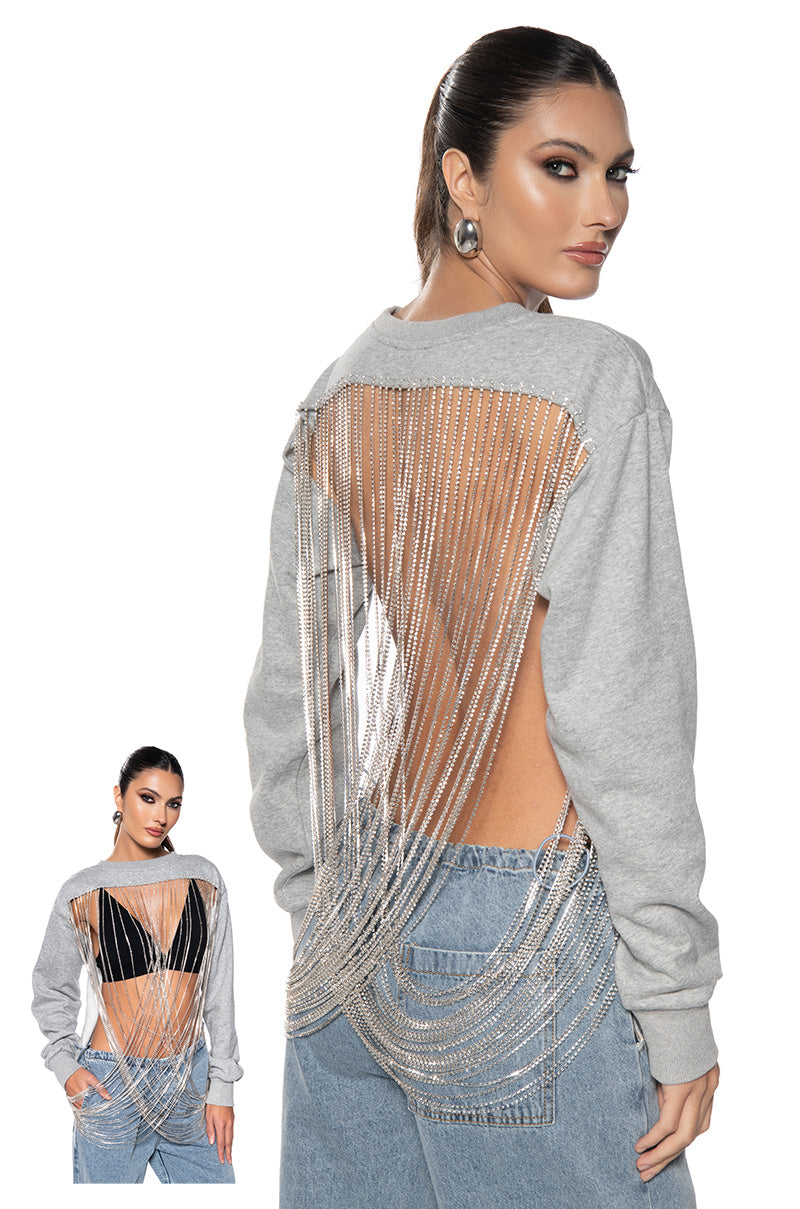 CHAINED TO THE RHYTHM REVERSIBLE LONGSLEEVE RHINESTONE CHAIN TOP