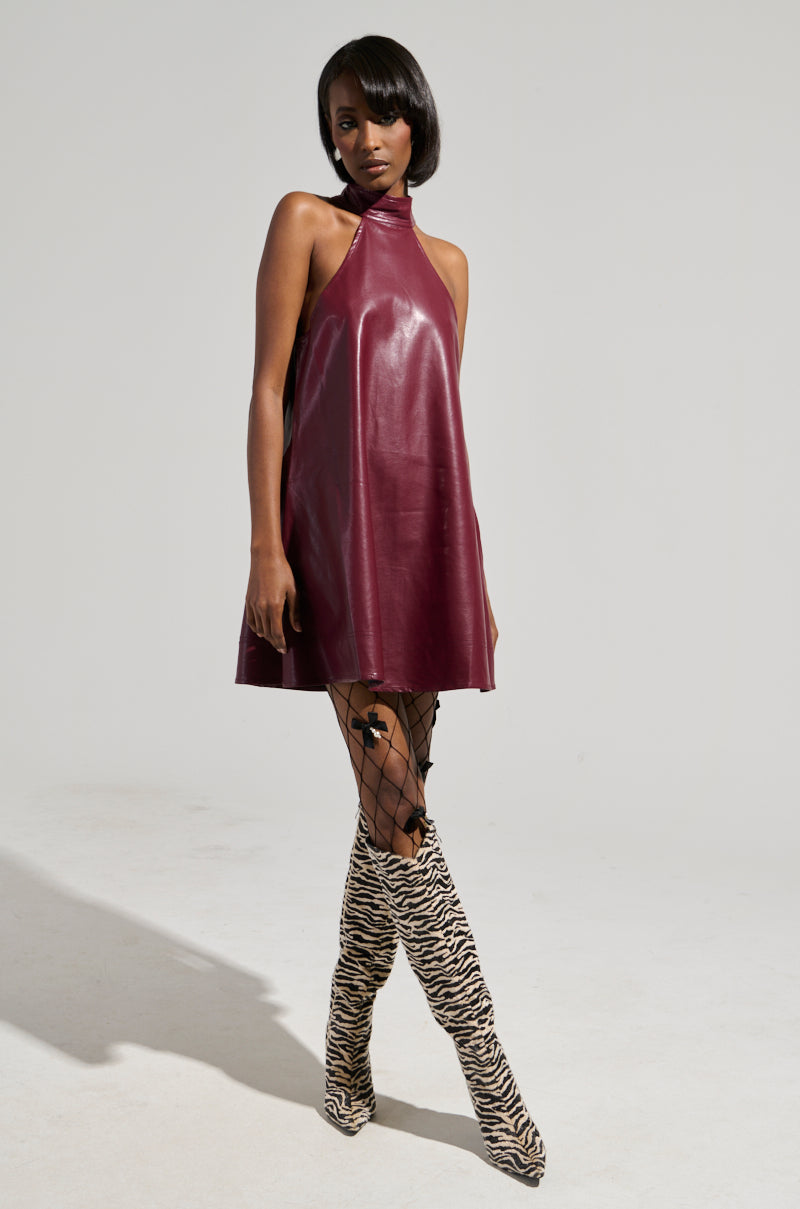 TAKE IT EASY PU MINI DRESS IN BURGUNDY