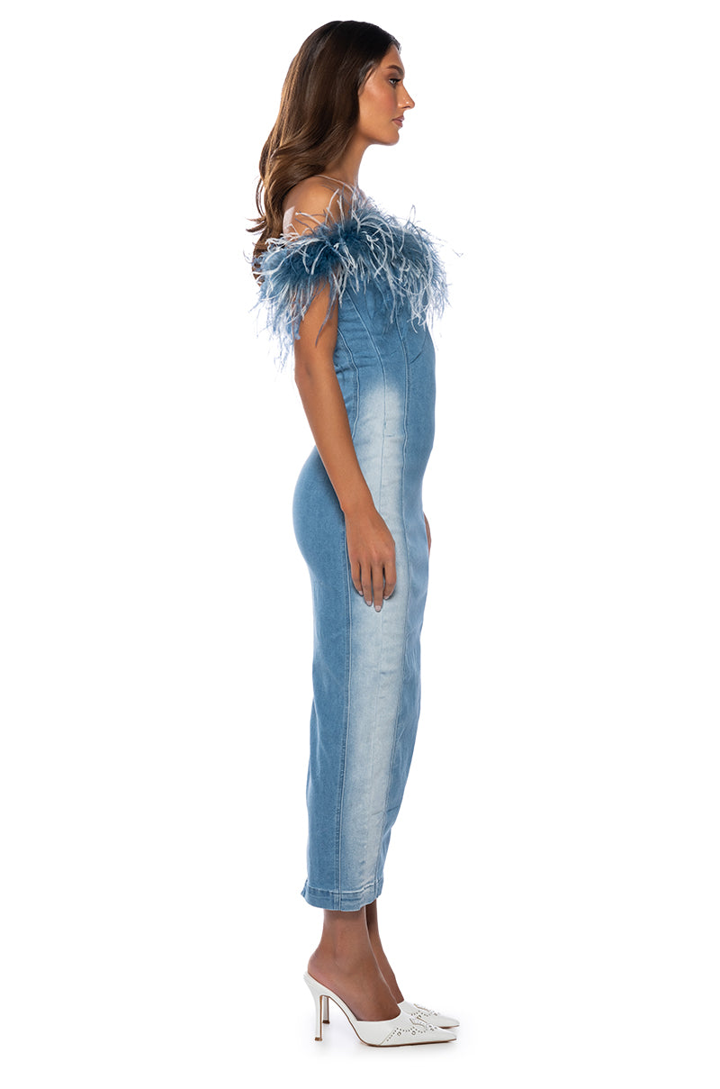 HIT THE TOWN FEATHER TRIM DENIM MAXI DRESS