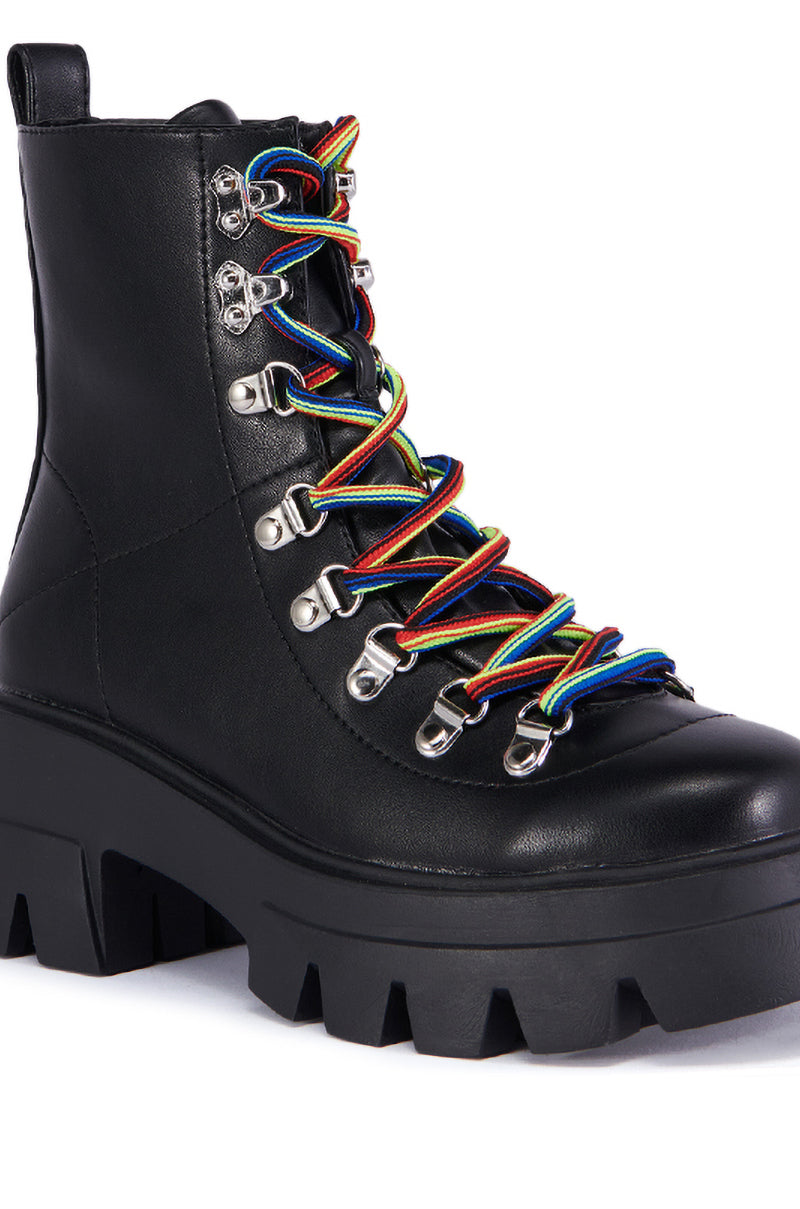 AZALEA WANG BRACKEN BLACK FLATFORM BOOTIE WITH RAINBOW LACES