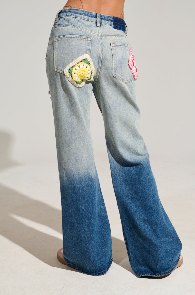 PEACE & LOVE CROCHET EMBROIDERED MID RISE DENIM