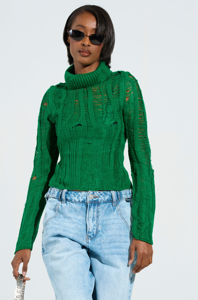 SEXY LOOSE WEAVE HIGH NECK SWEATER IN GREEN