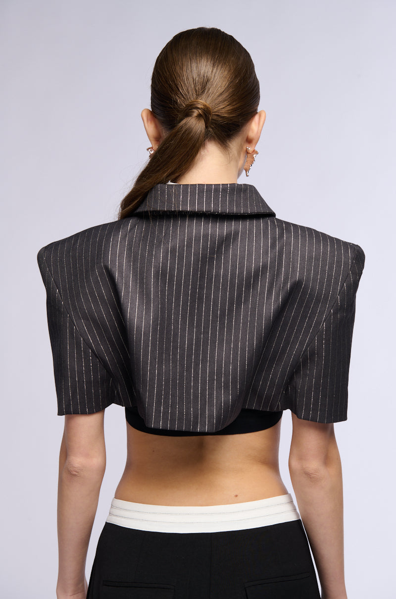 BEST IN BUSINESS PINSTRIPE CROP TIE TOP