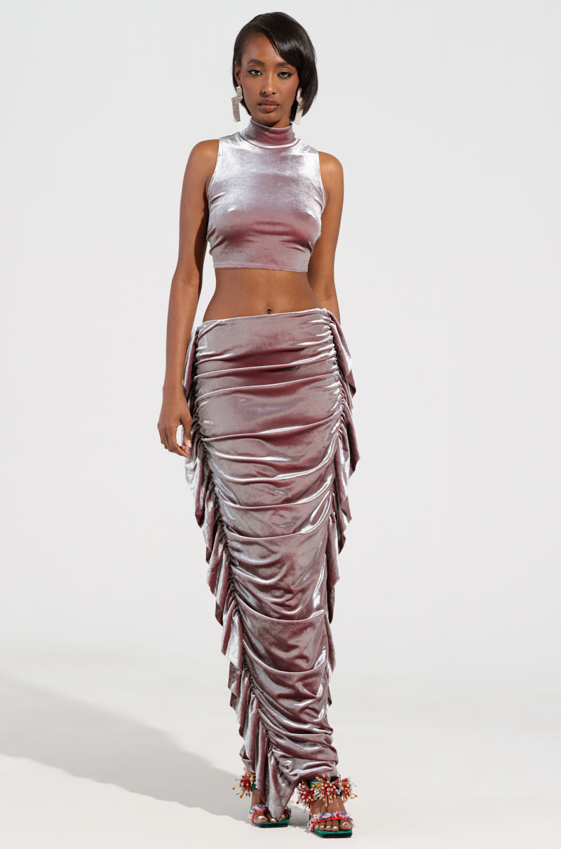 FLAUNT IT VELVET SIDE FRINGE MAXI SKIRT