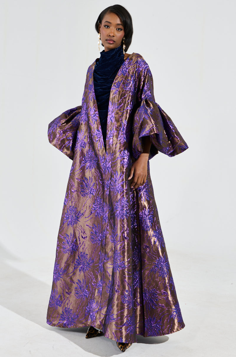 MALDIVES BROCADE PUFF SLEEVE DUSTER IN PURPLE