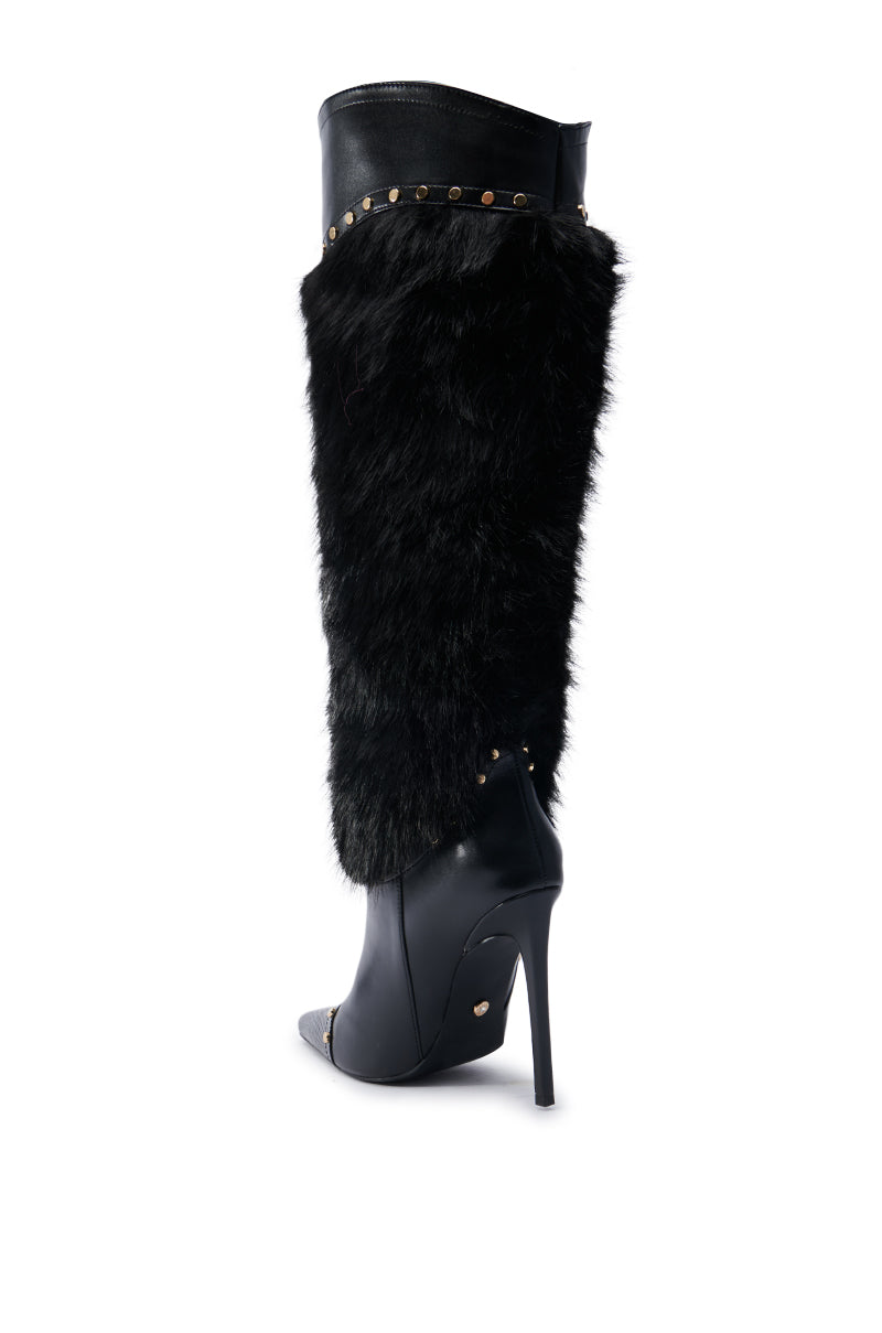 AZALEA WANG ALISTAIR BLACK FUR EMBELLISHED BOOT