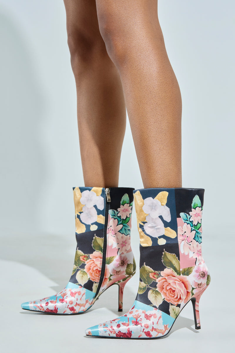 AZALEA WANG STILETTO COLOR BLOCKED FLORAL BOOTIE