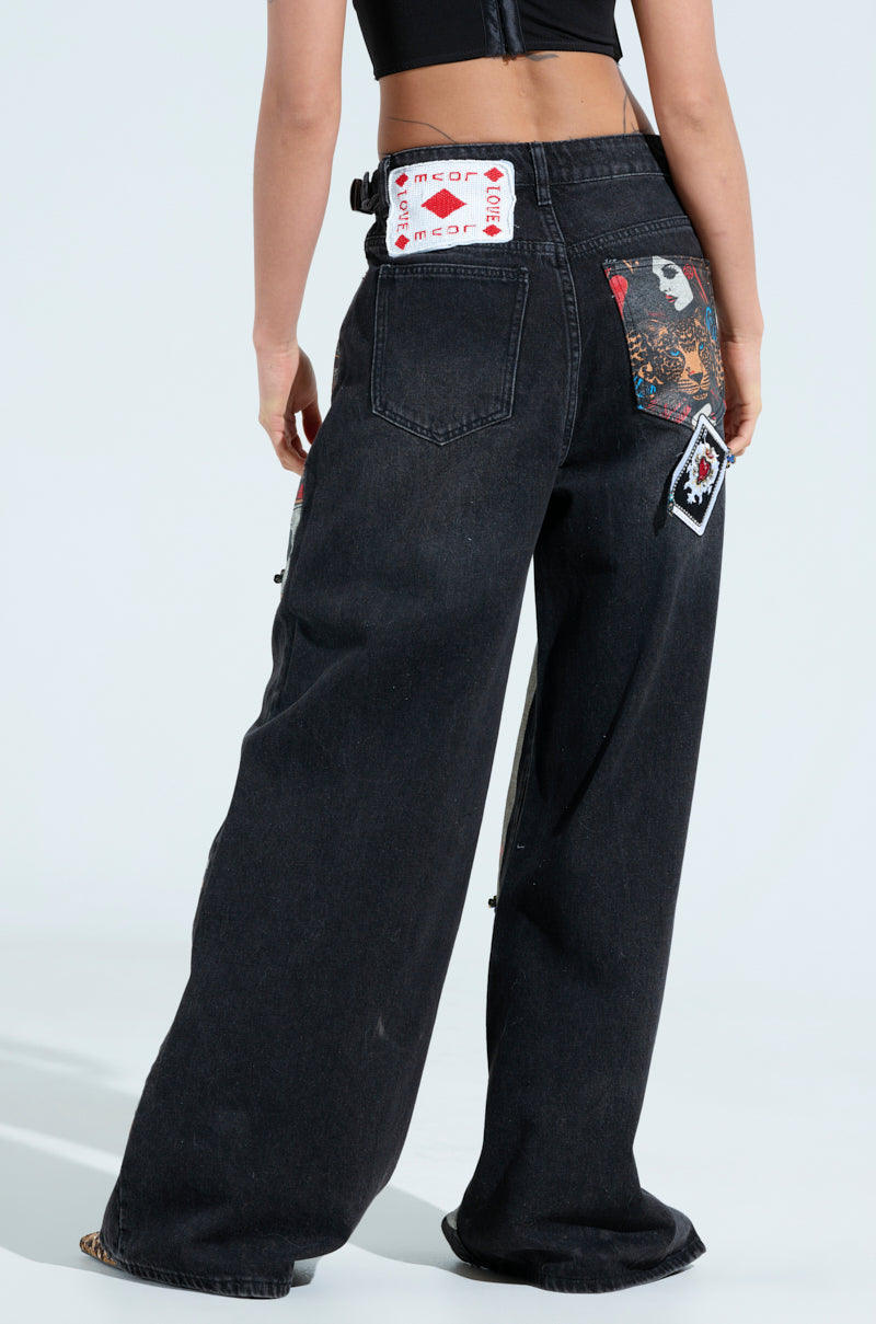 QUEEN OF HEARTS PRINTED AND EMBELLISHED DENIM PANTS