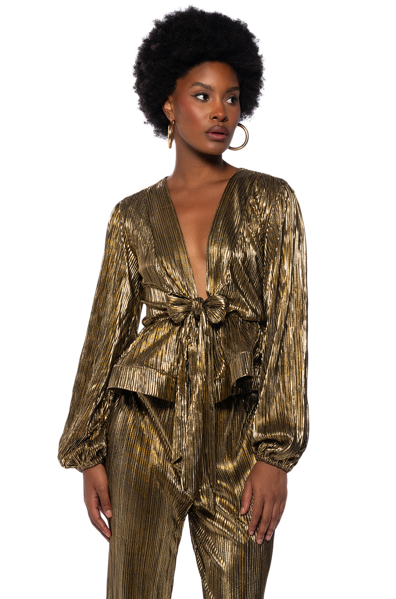 NOEL TIE PLEATED TIE FRONT METALLIC BLOUSE