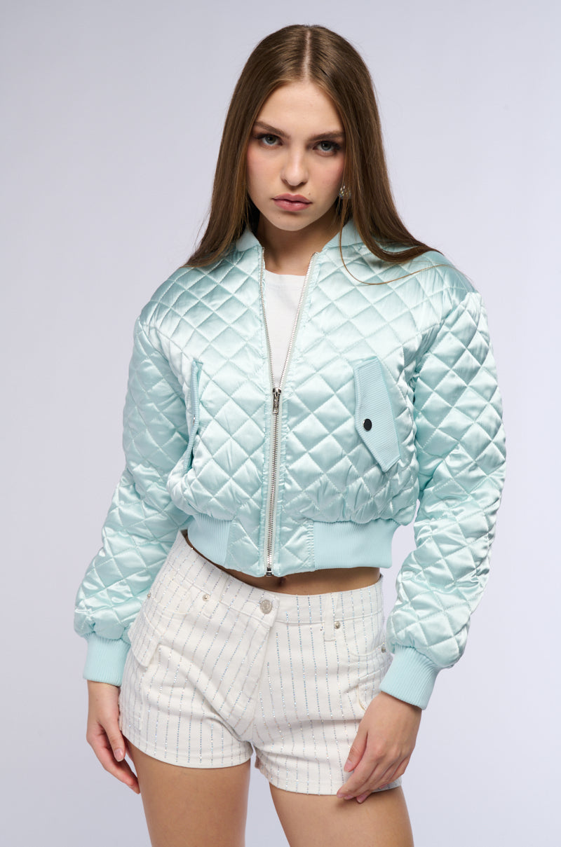 NEVER BETTER QUILTED SATIN BOMBER IN MINT