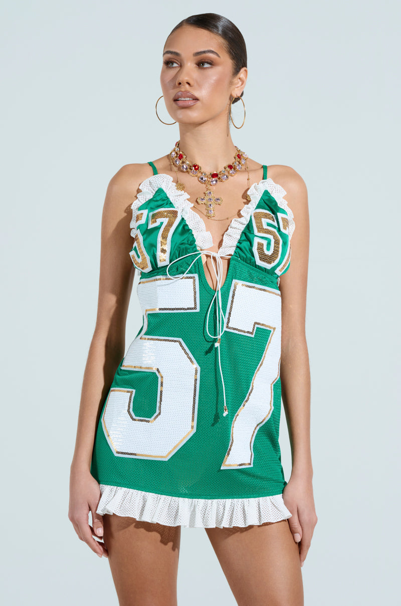 TOUCHDOWN SEQUIN JERSEY DRESS IN GREEN