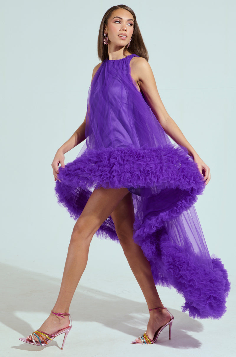 ARI TULLE RUFFLE HIGH LOW DRESS IN PURPLE