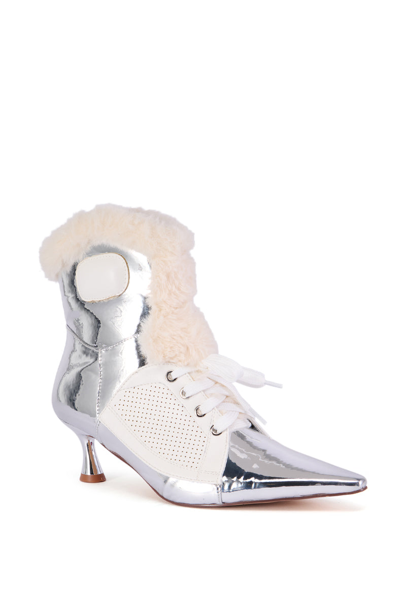 AZALEA WANG CONTESSA SILVER CHROME BOOTIE WITH FUR TRIM