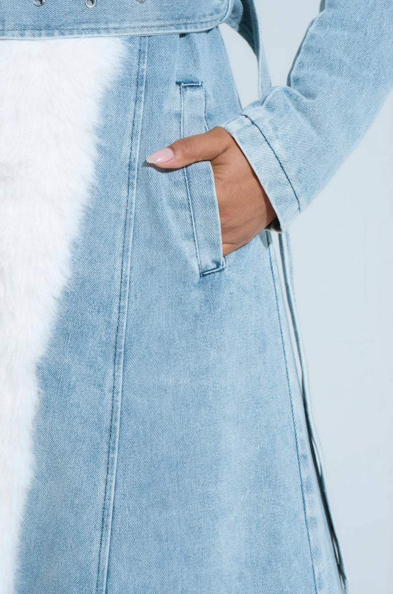 VIVIAN FUR TRIM COAT IN DENIM