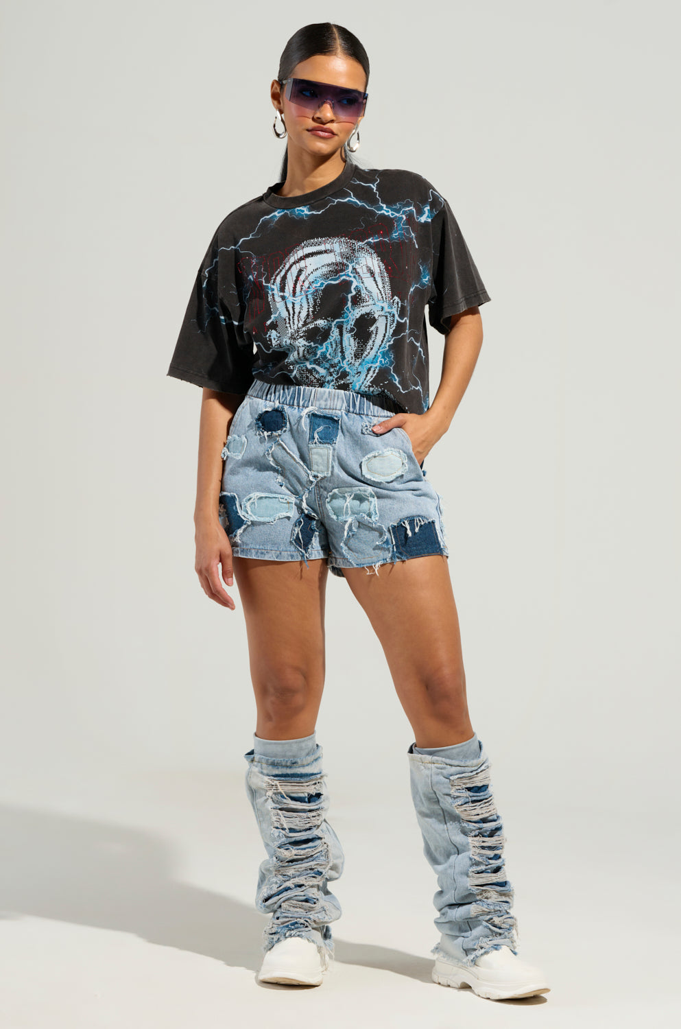 BAD IDEA DENIM PATCHWORK SHORTS