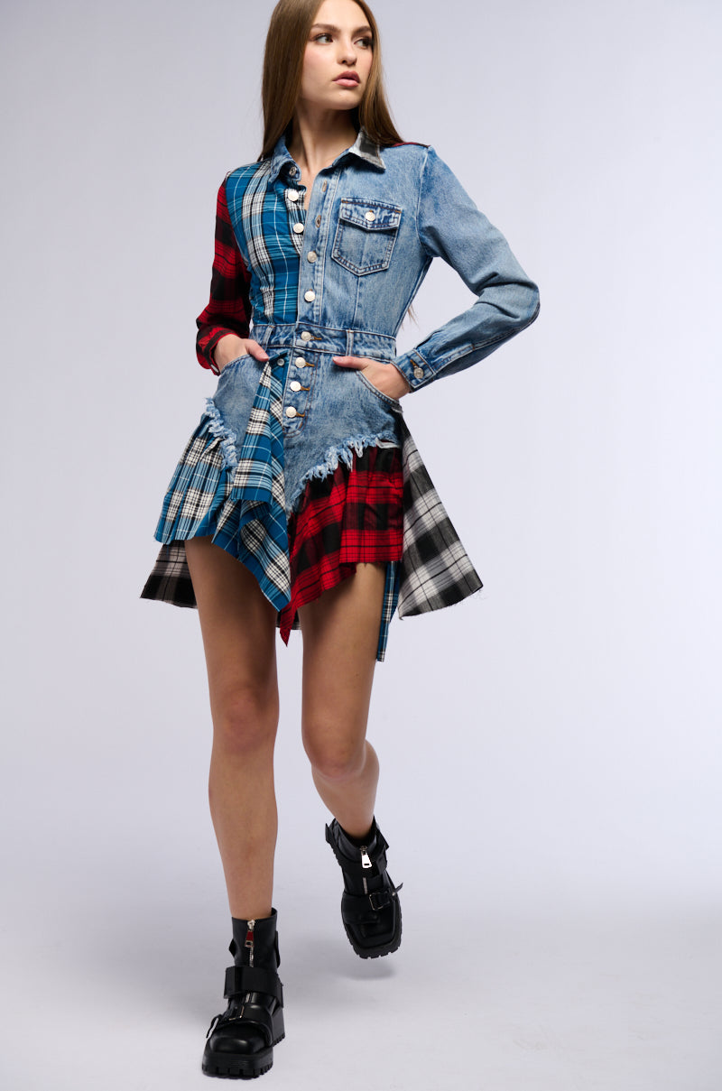 PATCHWORK PLAID DENIM MINI DRESS