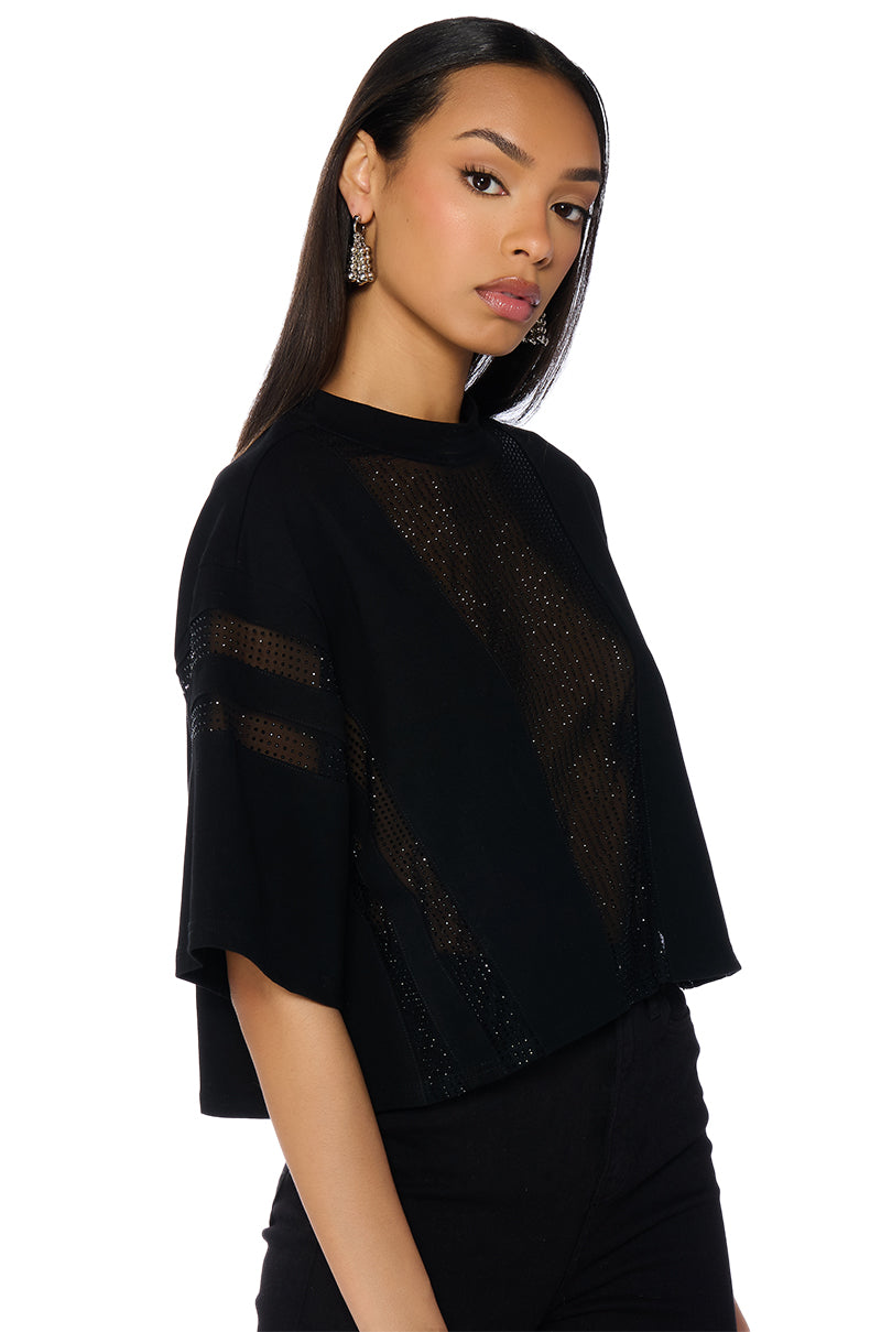 ALL STAR RHINESTONE MESH TSHIRT IN BLACK