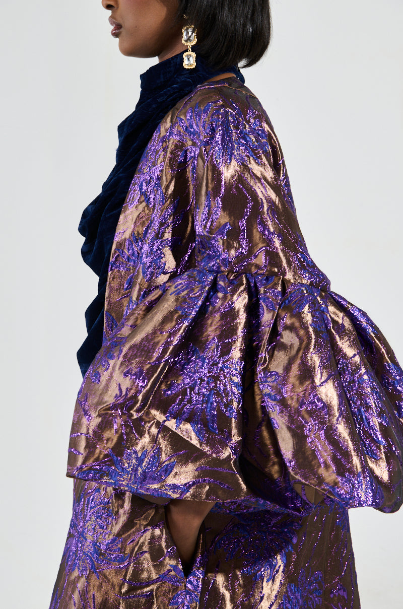 MALDIVES BROCADE PUFF SLEEVE DUSTER IN PURPLE