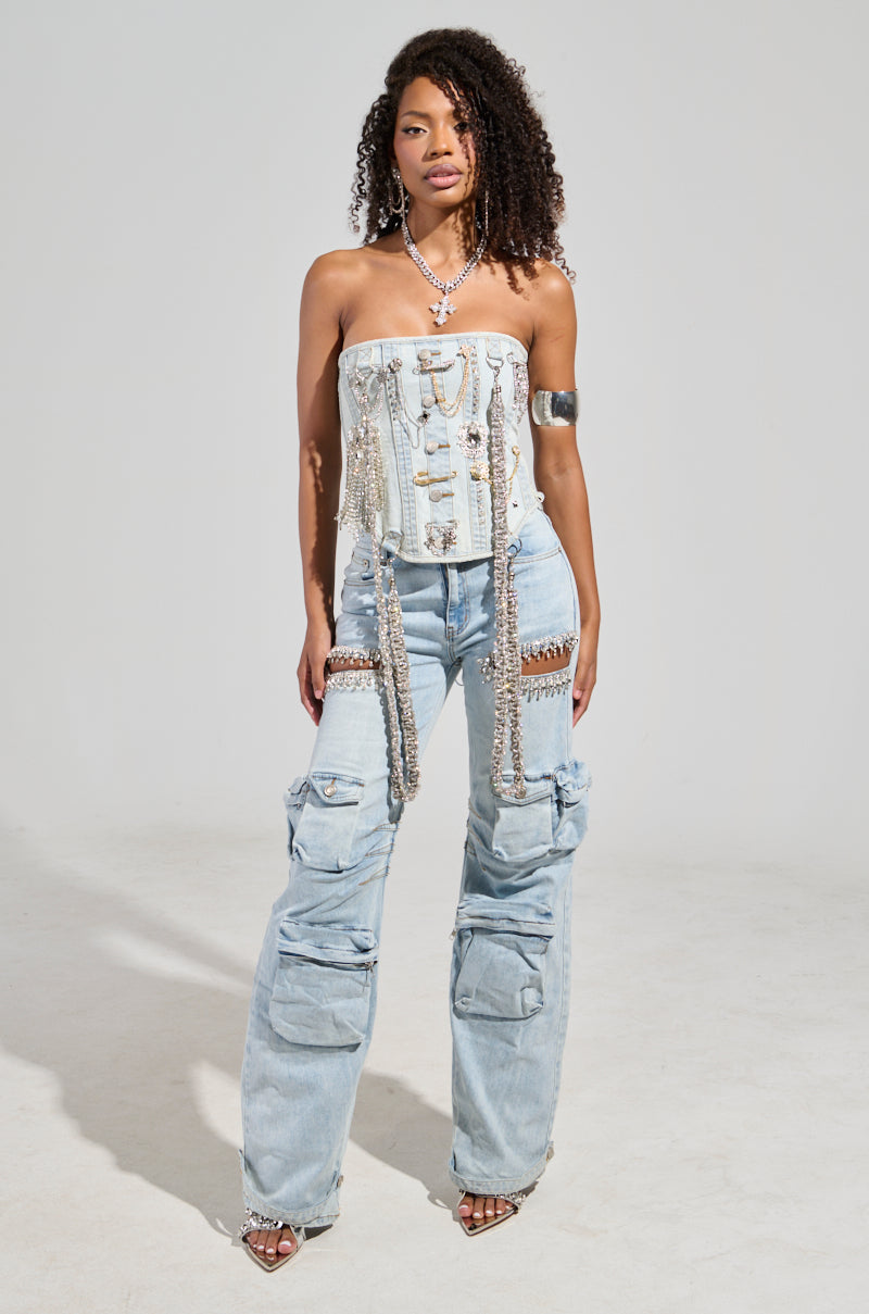 CALLING THE SHOTS CARGO DENIM WITH RHINESTONES