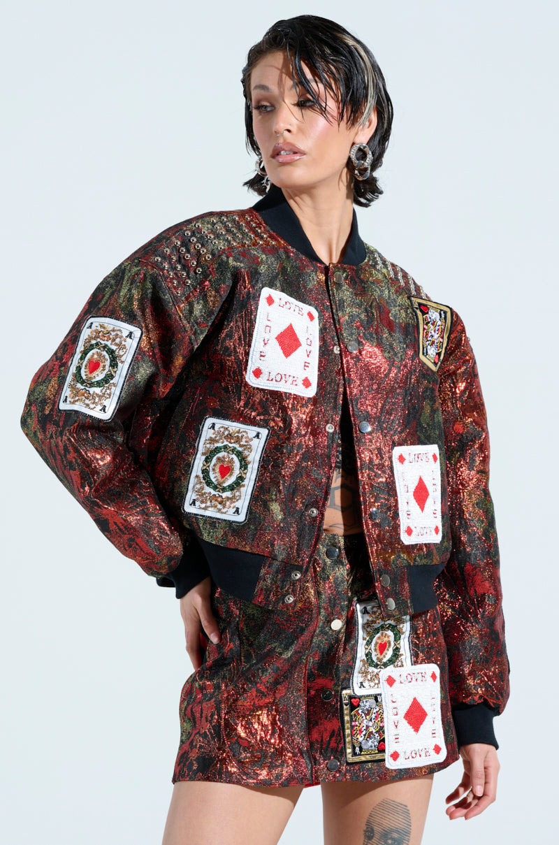 SHOW YOUR CARDS BROCADE BOMBER